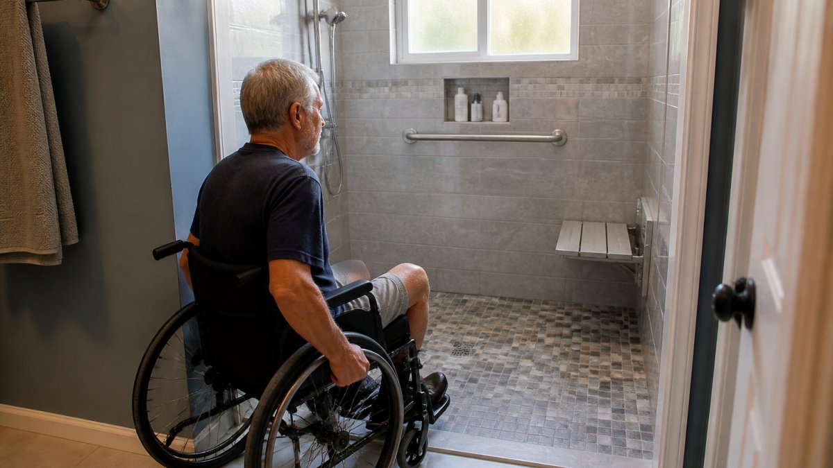 Person in a wheelchair at the threshold of a tiled roll-in shower with a grab bar and folding seat