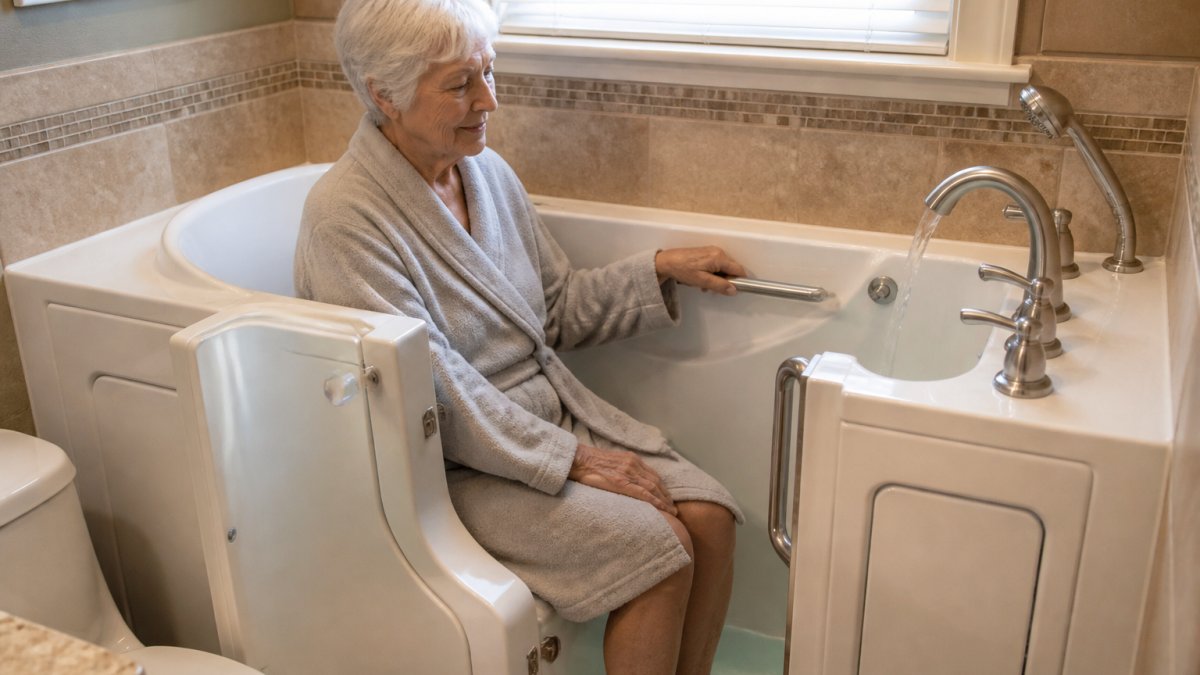 An older adult sitting on the built-in seat of a walk-in bathtub, one hand resting on a grab bar, warm bathroom lighting, water beginning to fill the tub