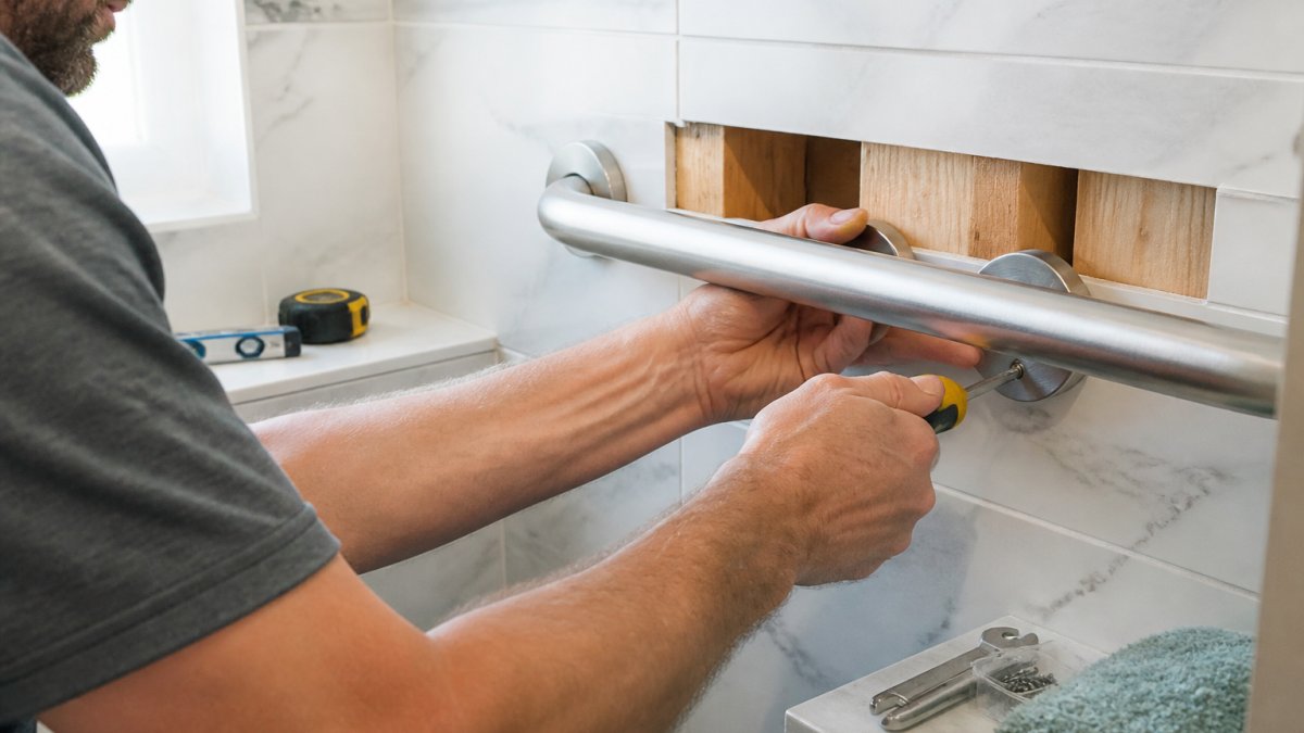 Installer fastening a horizontal ADA compliance grab bar into a tiled shower wall using a screwdriver.