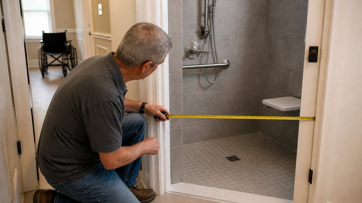 A homeowner using a tape measure to check the width of a bathroom doorway next to a curbless shower opening, with a wheelchair visible in the hallway behind