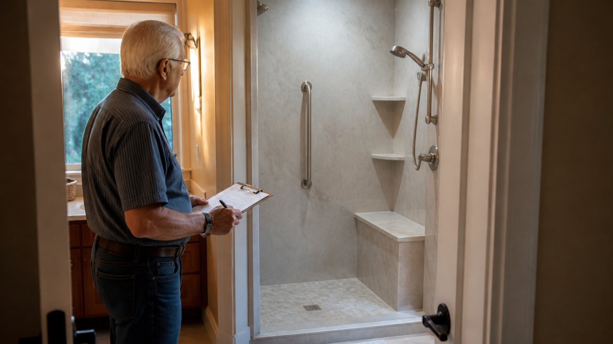 A bright, modern walk-in shower with a low-threshold entry, a built-in bench seat, and a vertical grab bar mounted on the wall, photographed from the bathroom doorway