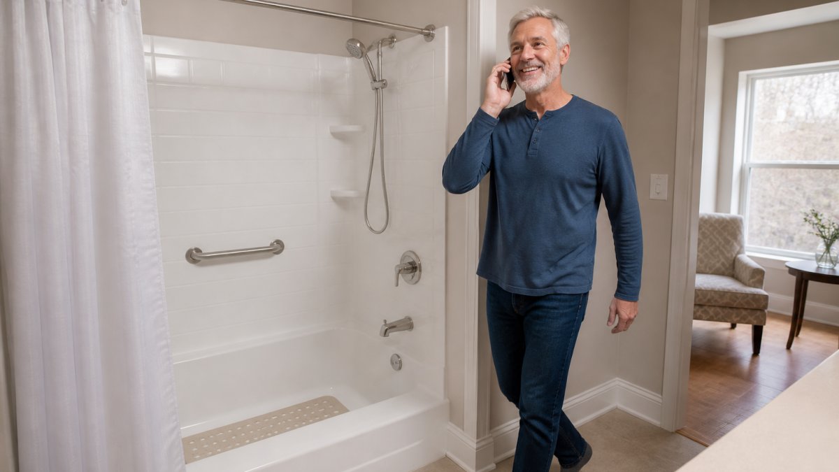 A well-lit residential bathroom showing a standard alcove tub-and-shower combination with a shower curtain pulled partially open, handheld showerhead visible, grab bar mounted on the back wall, and a non-slip mat on the tub floor