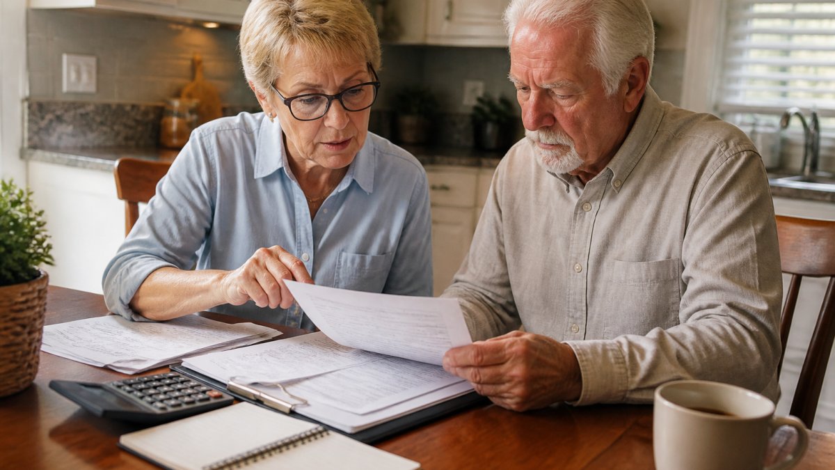 A senior couple reviewing a home improvement contract at a kitchen table with a calculator and paperwork, discussing bathroom renovation costs