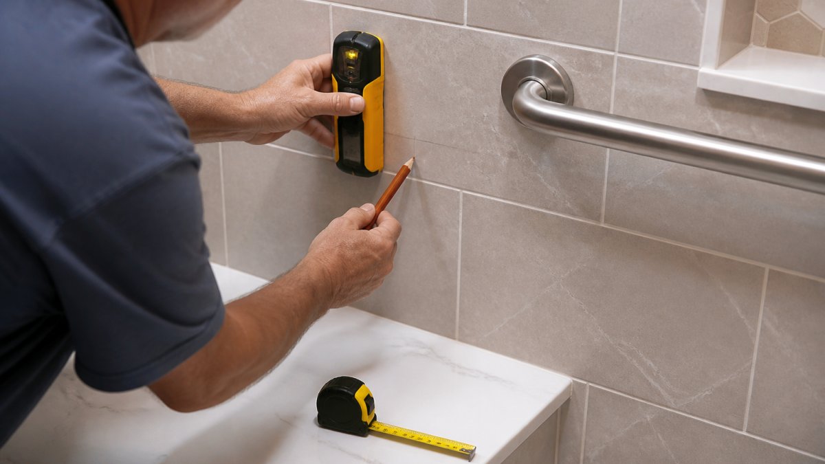 A close-up of a person's hands using a stud finder on a tiled shower wall, with a pencil and tape measure nearby, preparing to mark drill holes for a grab bar installation