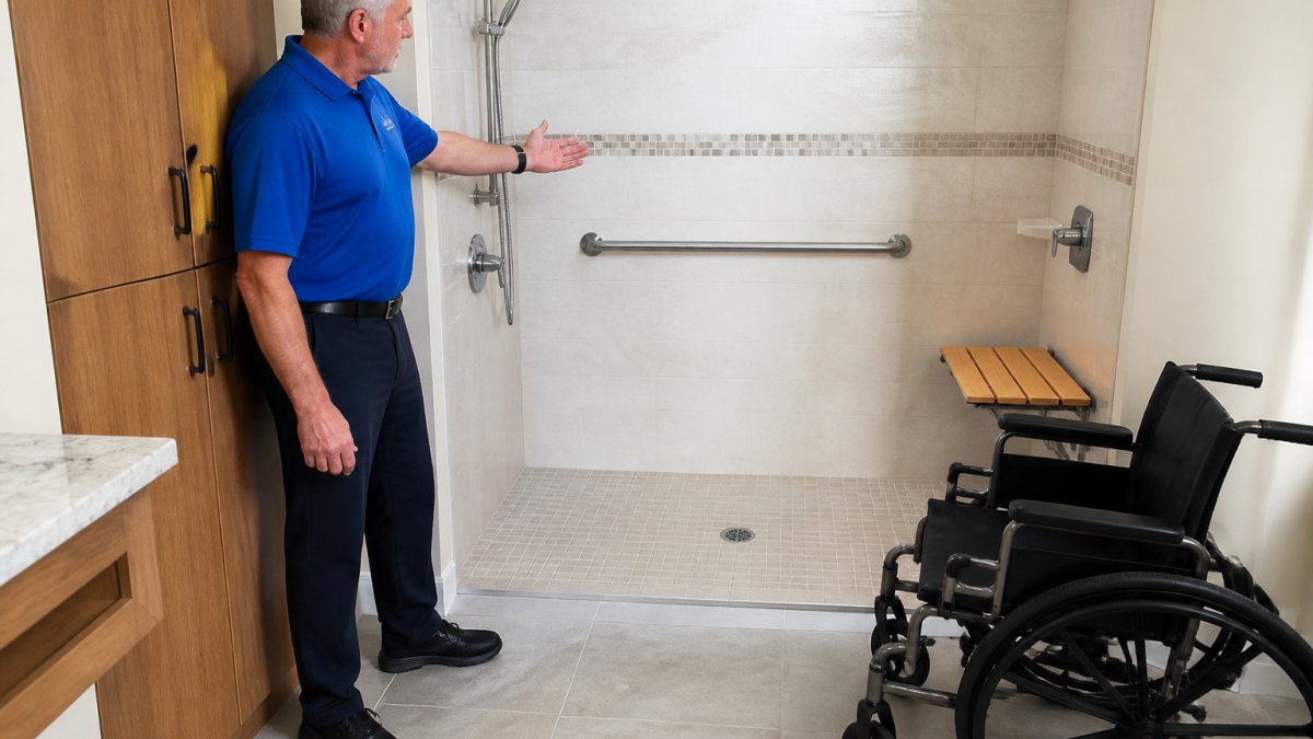 Professional demonstrating wheelchair accessible shower entry with clear floor space and grab bar installation in modern accessible bathroom with natural lighting