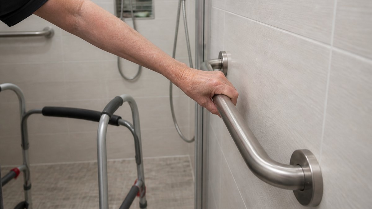 Senior using a sturdy grab bar by a shower to prevent bathroom falls safely