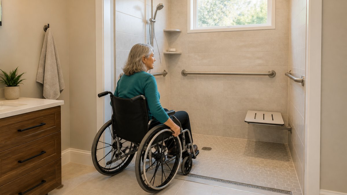 A wheelchair user rolling through a zero-threshold roll-in shower with horizontal grab bars and a fold-down seat, bright accessible bathroom with non-slip tile floor and natural window light