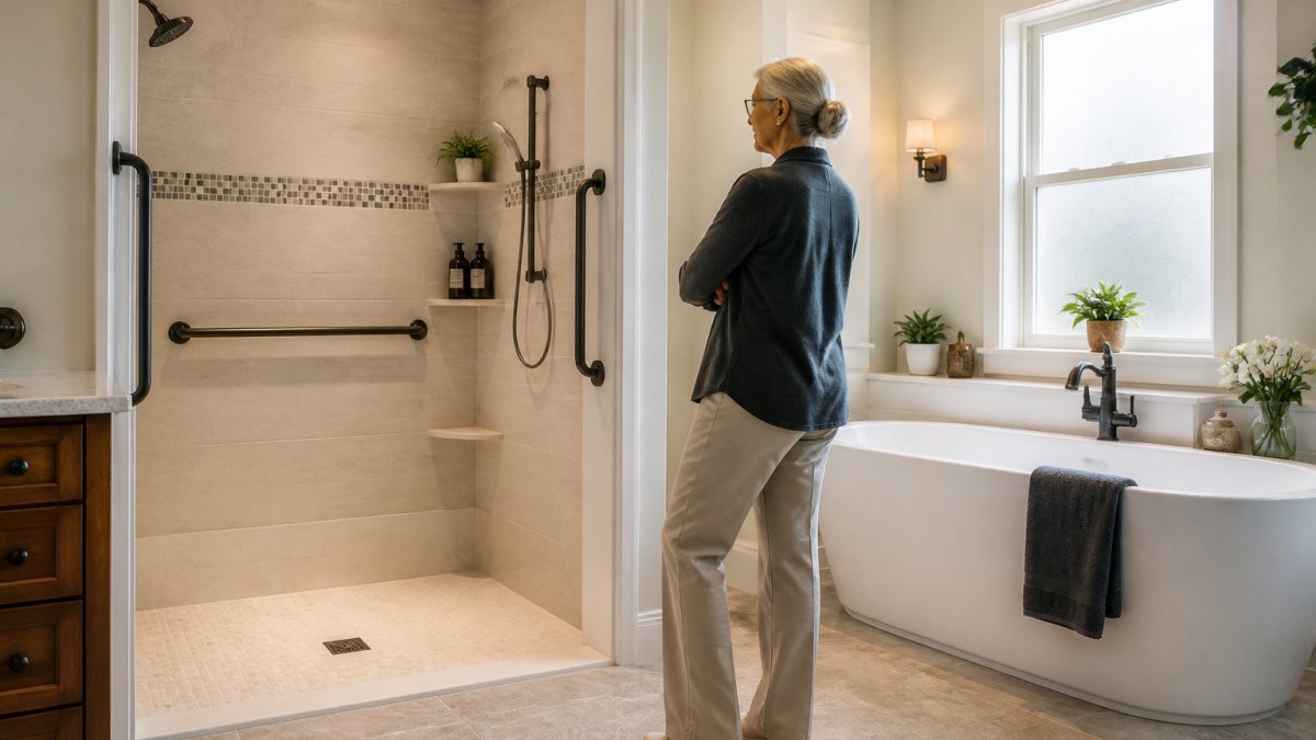 Bright bathroom featuring a low-threshold walk-in shower and a separate soaking bathtub with grab bars.