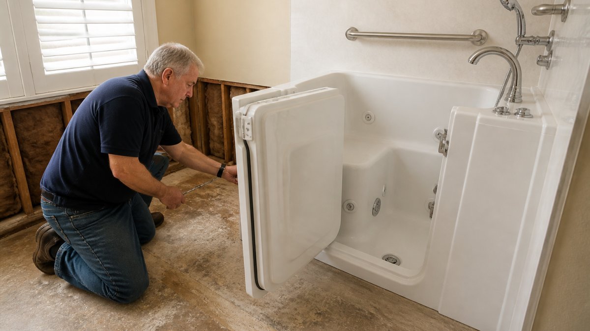 A bathroom mid-renovation with a walk-in tub positioned near the wall, the door swung fully open, and exposed subfloor visible where the old tub was removed