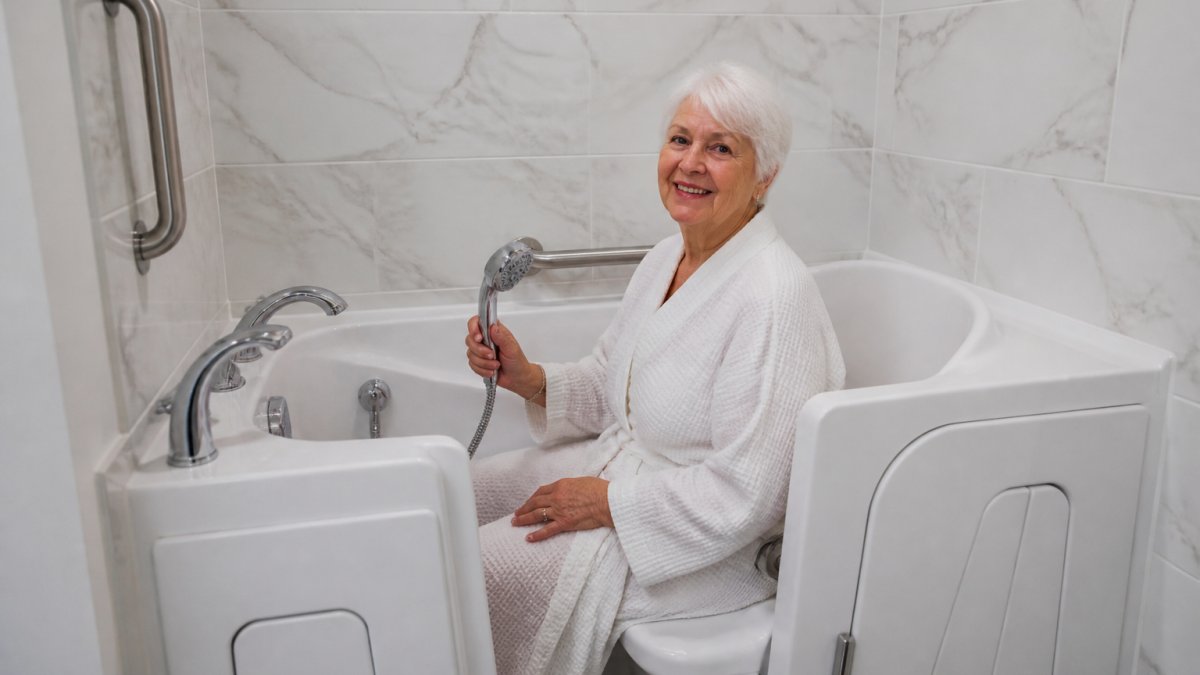 Smiling senior woman using a handheld showerhead inside a walk-in tub with safety grab bars
