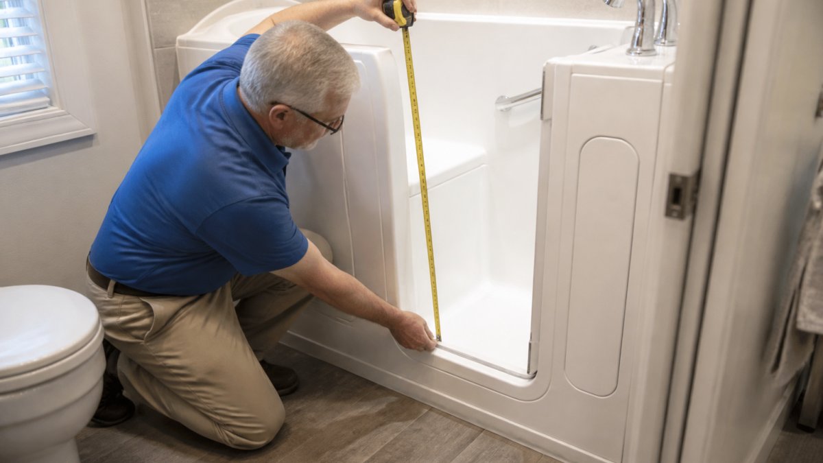 Diagram showing how to measure a walk-in tub in a small bathroom for proper fit and clearance.